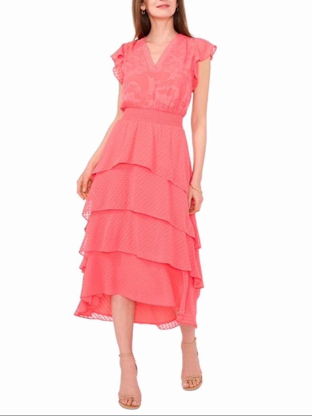 Vince Camuto Coral Ruffled Tiered Dress Romantic Fairy Size Medium Feminine Boho